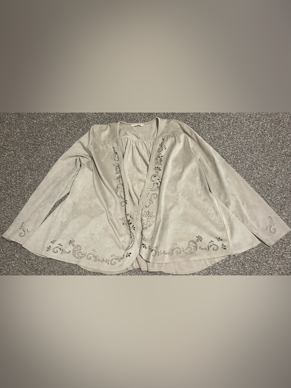 Soft Surroundings L Women’s Faux Suede Taupe Cutout Open Jacket Western Girl